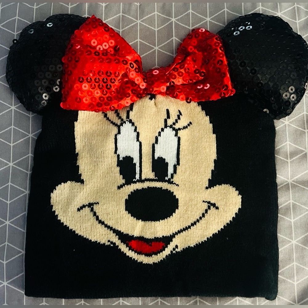 Disney Minnie Mouse Girls Black Beanie Sequined Bow & Ears